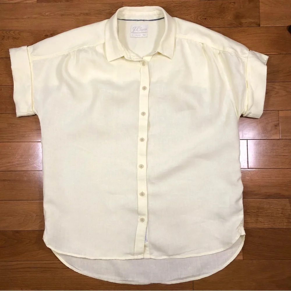 J. Crew 100% Irish Linen Light Yellow Relaxed Button-Up Short Sleeve Shirt Sz S - Picture 4 of 10